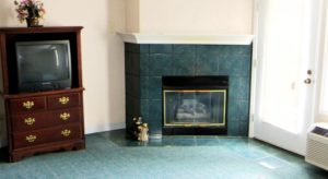 Fireplace in honeymoon suite at Mountain Melodies motel in Pigeon Forge